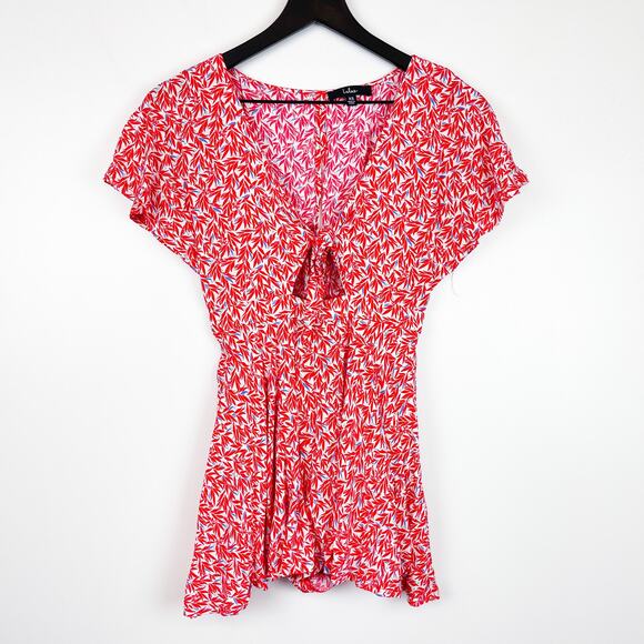 Lulus Size XS Tie Front Romper Shorts Flutter Red Leaves Print - Picture 2 of 11